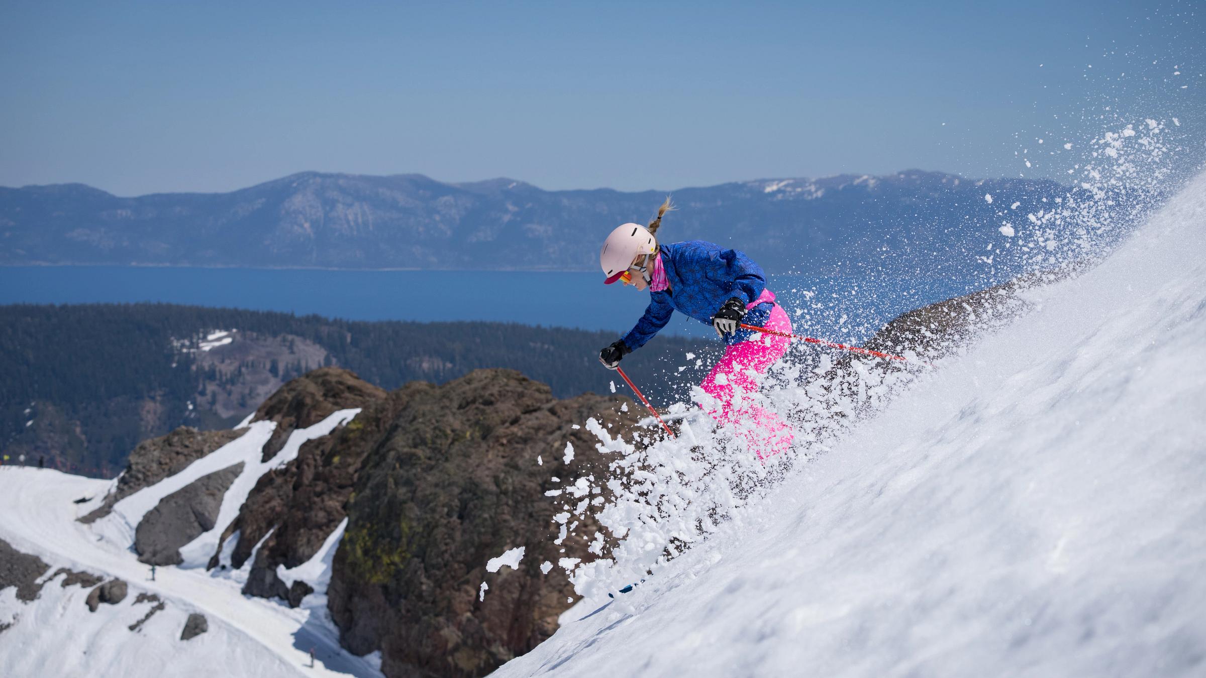 gnarbie spring skiing above lake tahoe at squaw valley